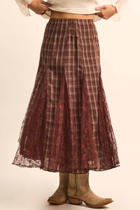 Country Mile Plaid and Lace Godet Maxi Skirt - ShopPromesa