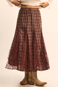 Country Mile Plaid and Lace Godet Maxi Skirt - ShopPromesa