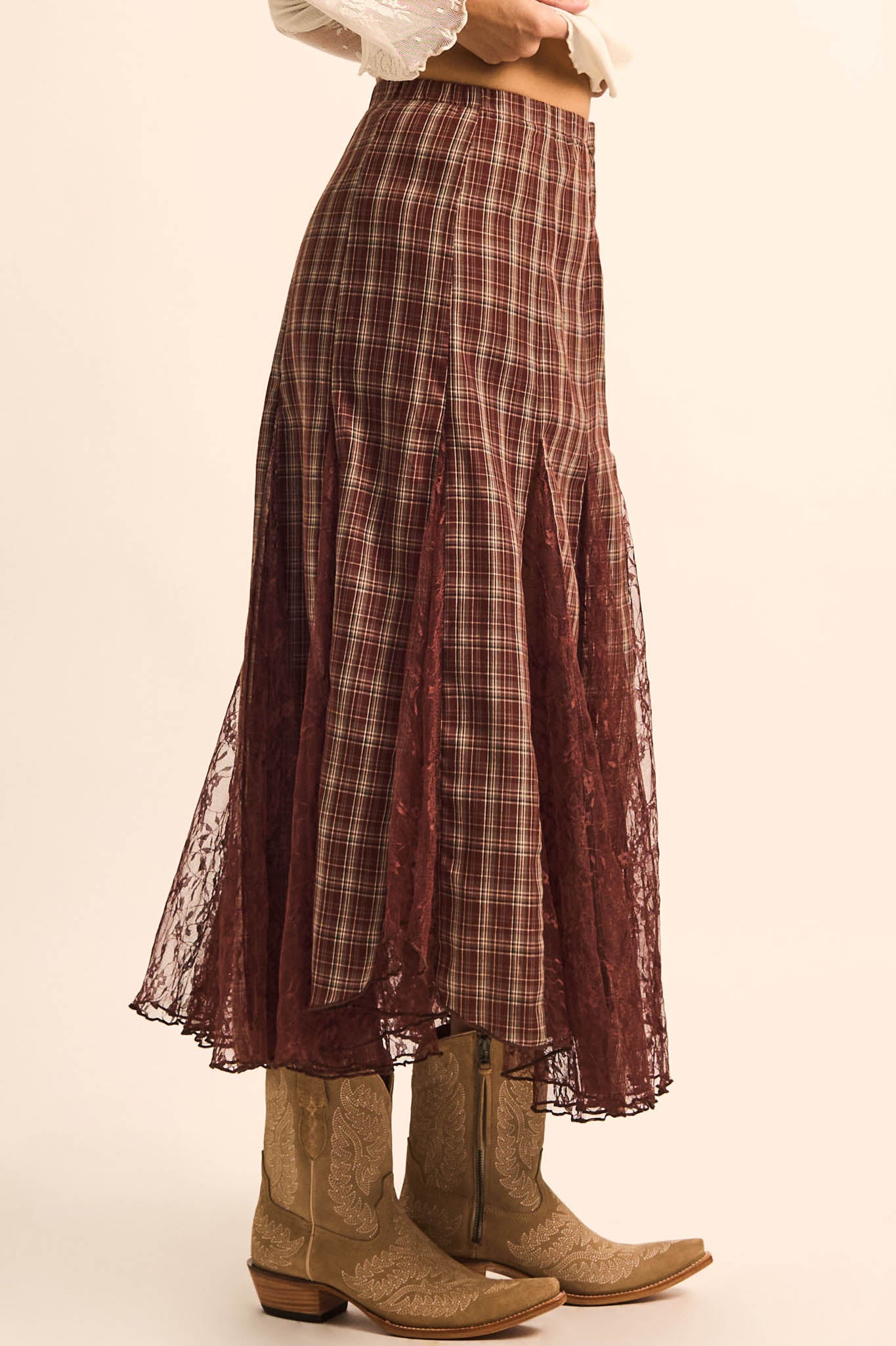 Country Mile Plaid and Lace Godet Maxi Skirt - ShopPromesa