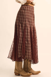 Country Mile Plaid and Lace Godet Maxi Skirt - ShopPromesa