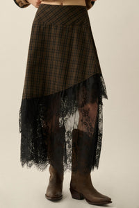 Hazel Hollow Plaid and Lace Asymmetrical Maxi Skirt - ShopPromesa