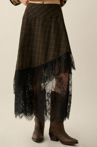 Hazel Hollow Plaid and Lace Asymmetrical Maxi Skirt - ShopPromesa
