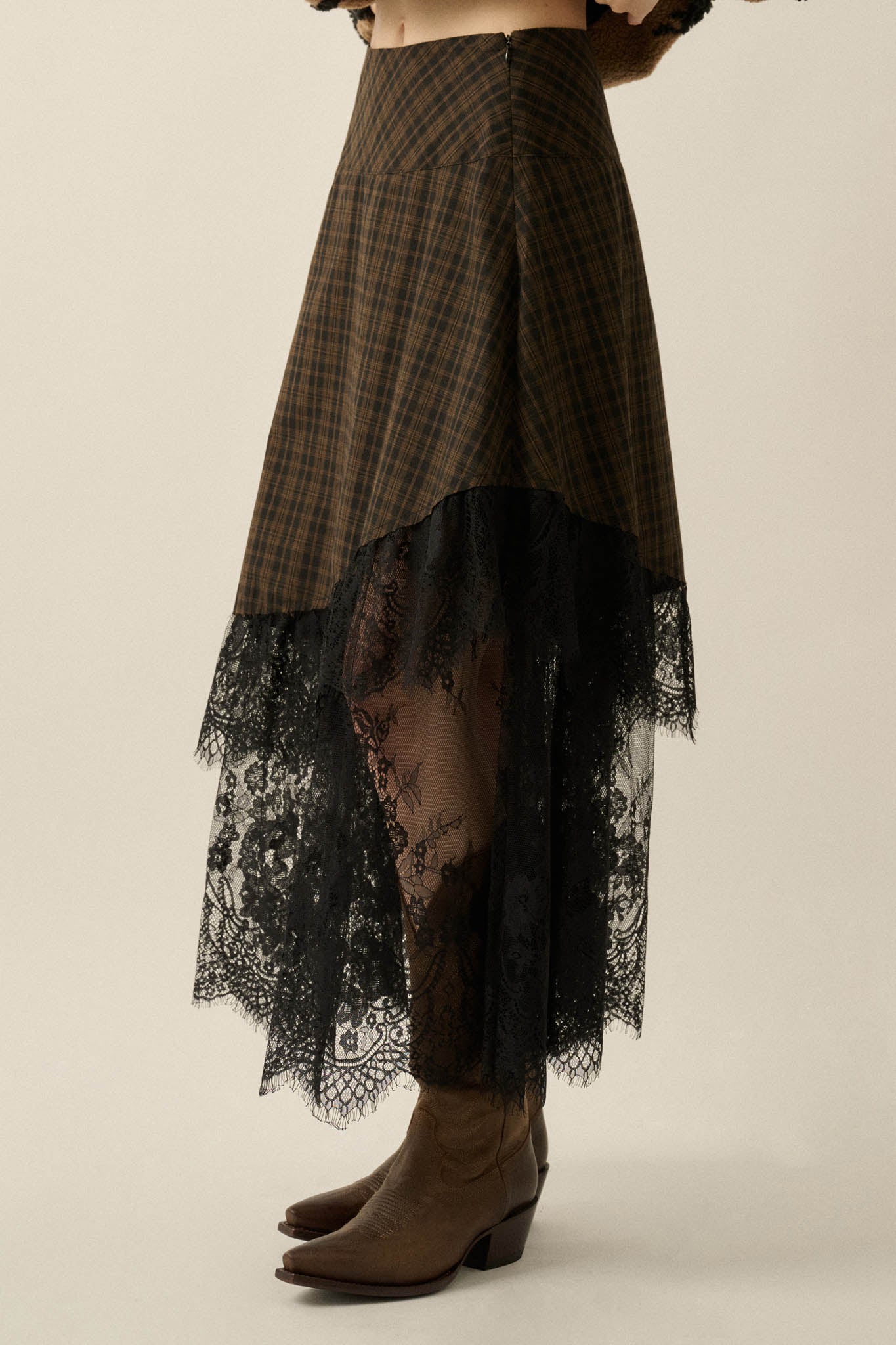 Hazel Hollow Plaid and Lace Asymmetrical Maxi Skirt - ShopPromesa