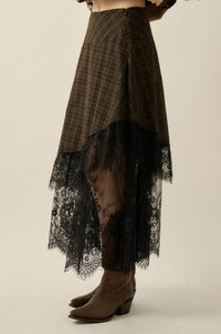 Hazel Hollow Plaid and Lace Asymmetrical Maxi Skirt - ShopPromesa