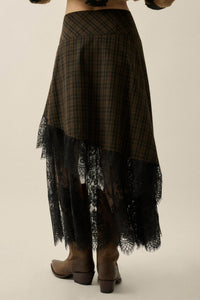 Hazel Hollow Plaid and Lace Asymmetrical Maxi Skirt - ShopPromesa
