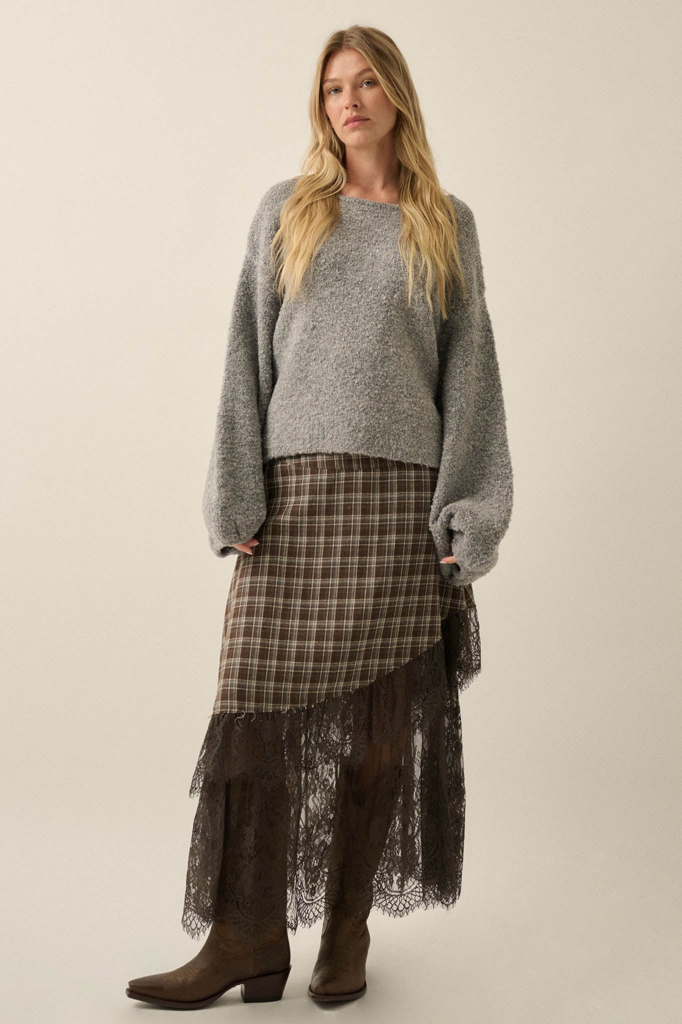Oak Ridge Plaid and Lace Asymmetrical Maxi Skirt - ShopPromesa