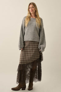 Oak Ridge Plaid and Lace Asymmetrical Maxi Skirt - ShopPromesa