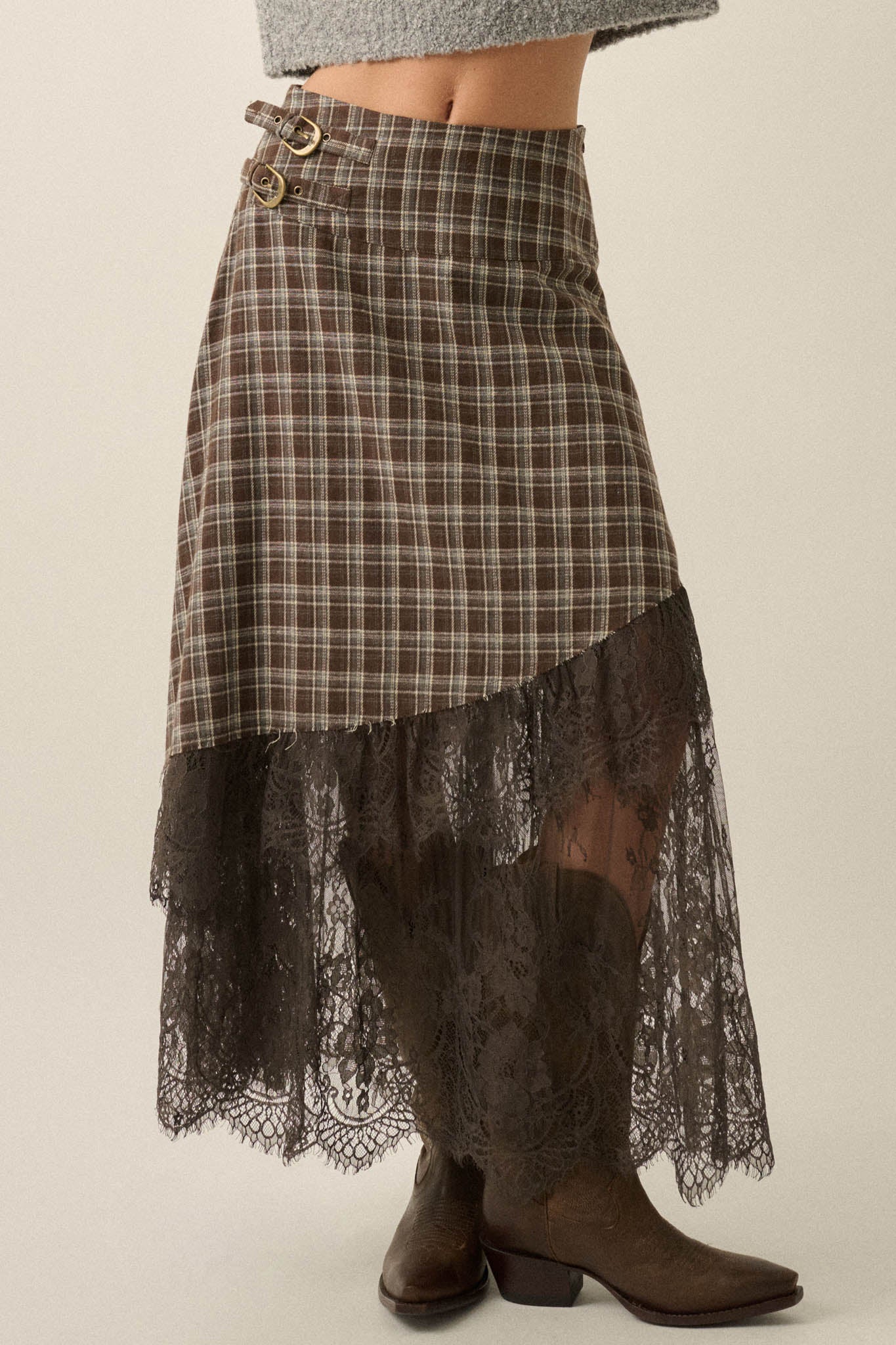 Oak Ridge Plaid and Lace Asymmetrical Maxi Skirt - ShopPromesa