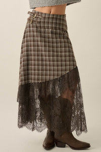 Oak Ridge Plaid and Lace Asymmetrical Maxi Skirt - ShopPromesa