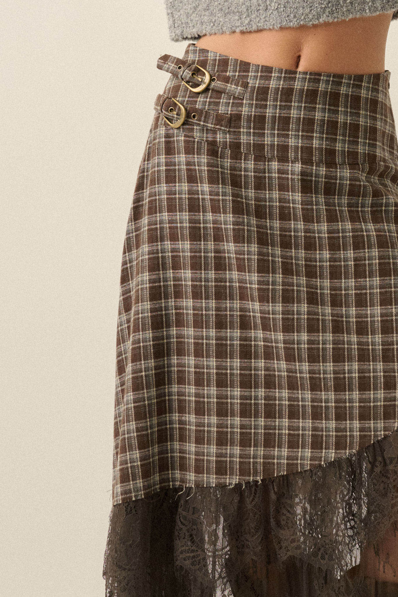 Oak Ridge Plaid and Lace Asymmetrical Maxi Skirt - ShopPromesa