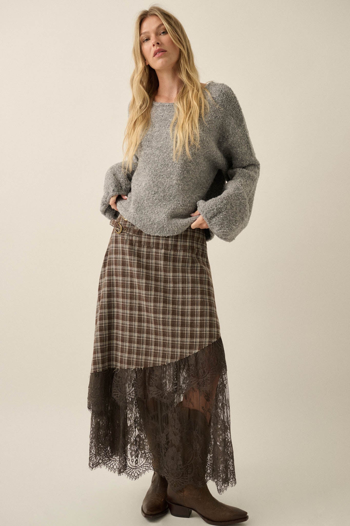 Oak Ridge Plaid and Lace Asymmetrical Maxi Skirt - ShopPromesa