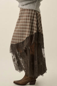 Oak Ridge Plaid and Lace Asymmetrical Maxi Skirt - ShopPromesa