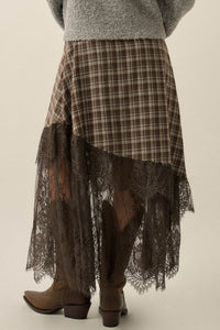 Oak Ridge Plaid and Lace Asymmetrical Maxi Skirt - ShopPromesa