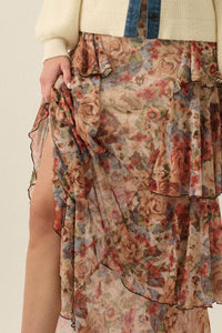 Joyous Garden Floral Mesh Ruffled Cascade Maxi Skirt - ShopPromesa