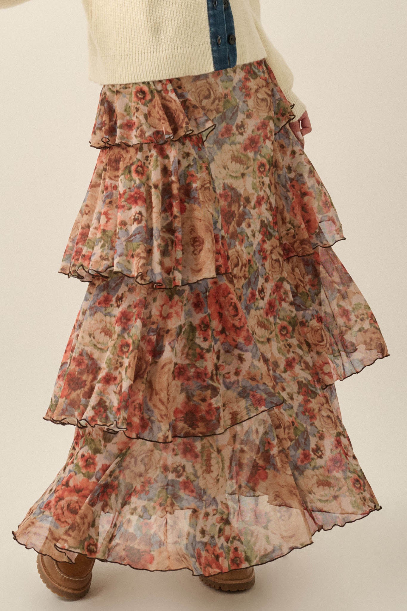 Joyous Garden Floral Mesh Ruffled Cascade Maxi Skirt - ShopPromesa