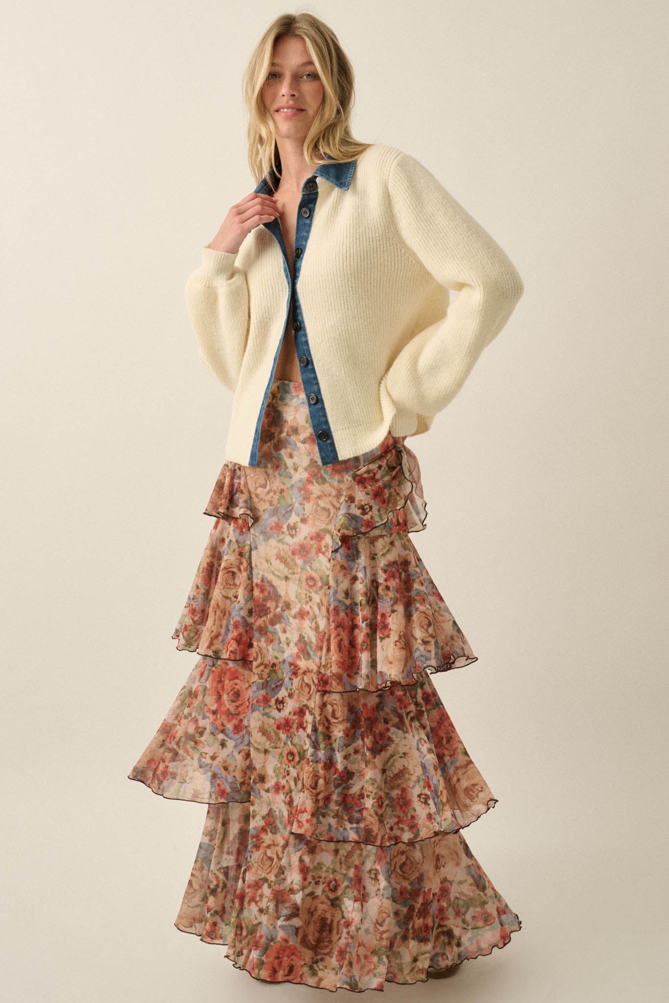 Joyous Garden Floral Mesh Ruffled Cascade Maxi Skirt - ShopPromesa