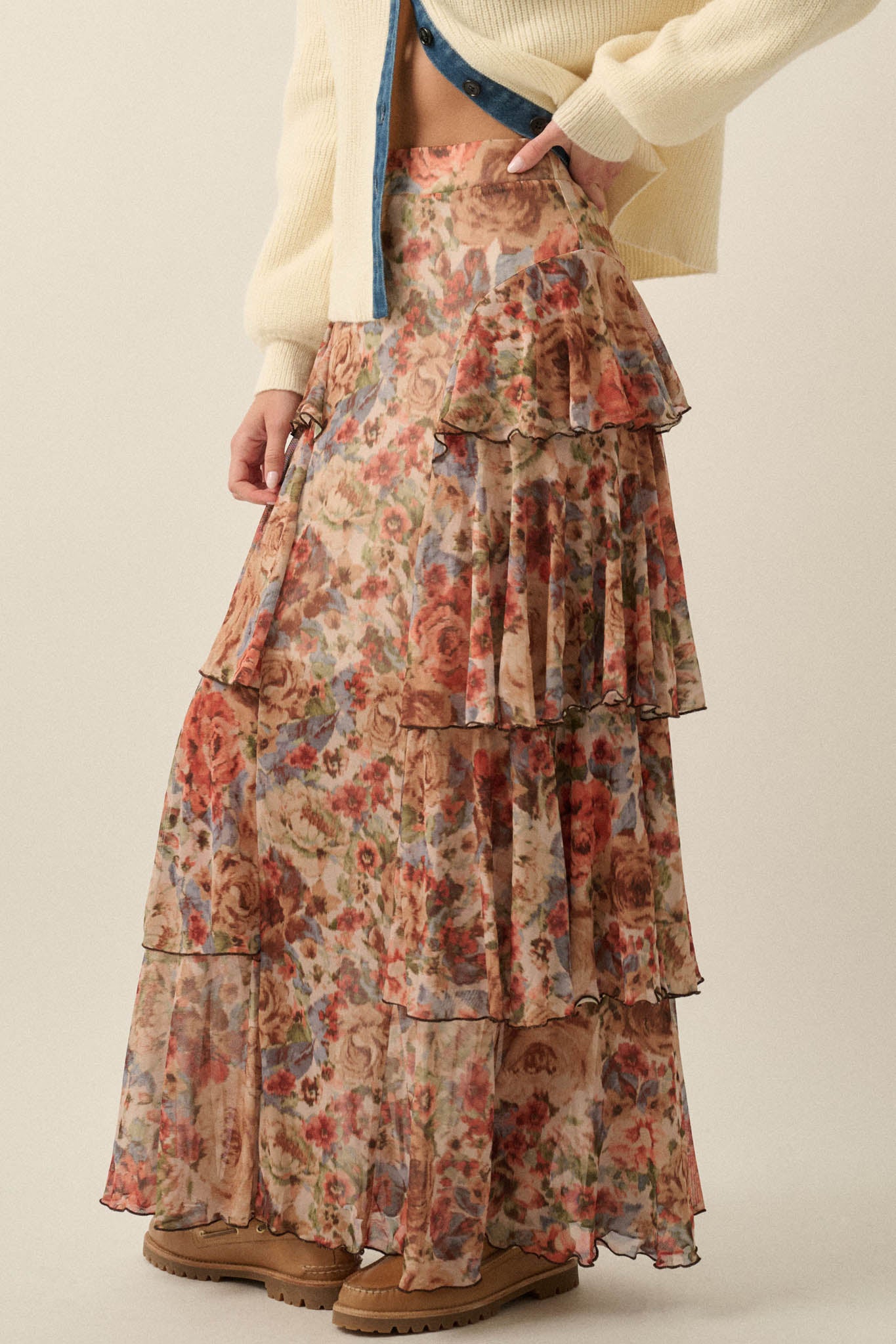 Joyous Garden Floral Mesh Ruffled Cascade Maxi Skirt - ShopPromesa
