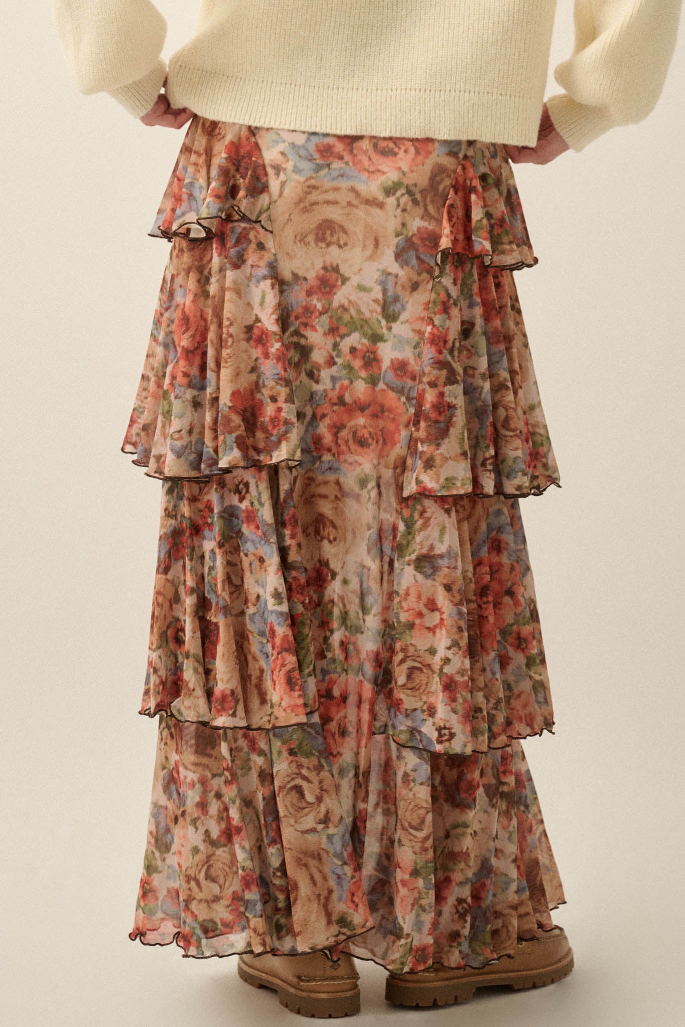 Joyous Garden Floral Mesh Ruffled Cascade Maxi Skirt - ShopPromesa