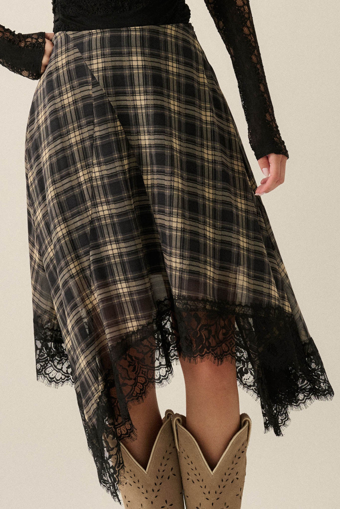 Sway With Me Plaid and Lace Handkerchief Midi Skirt - ShopPromesa
