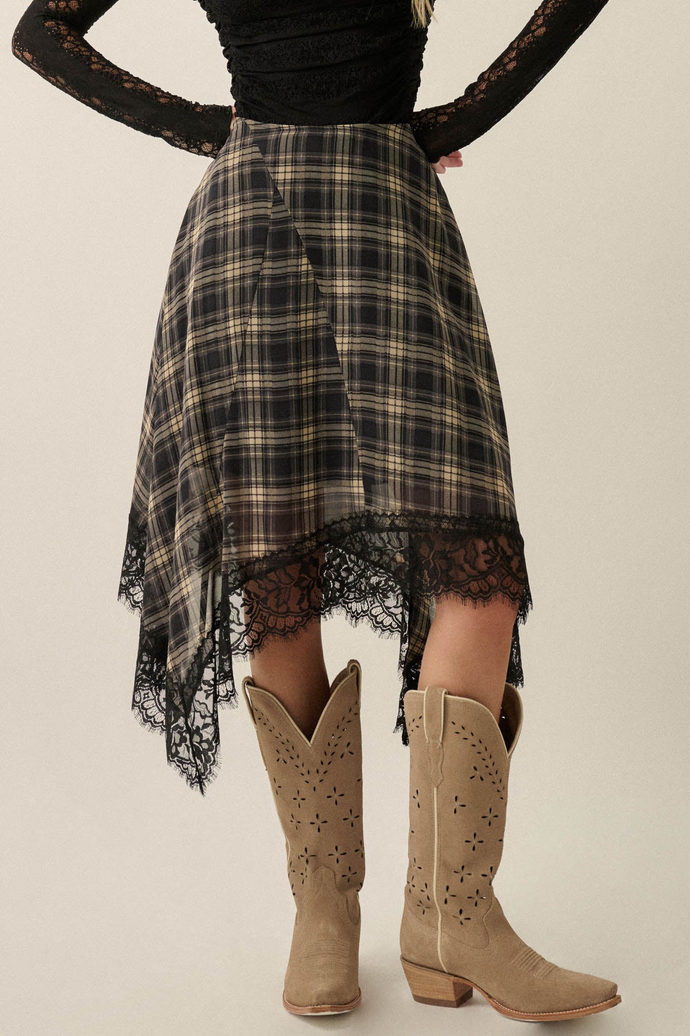 Sway With Me Plaid and Lace Handkerchief Midi Skirt - ShopPromesa