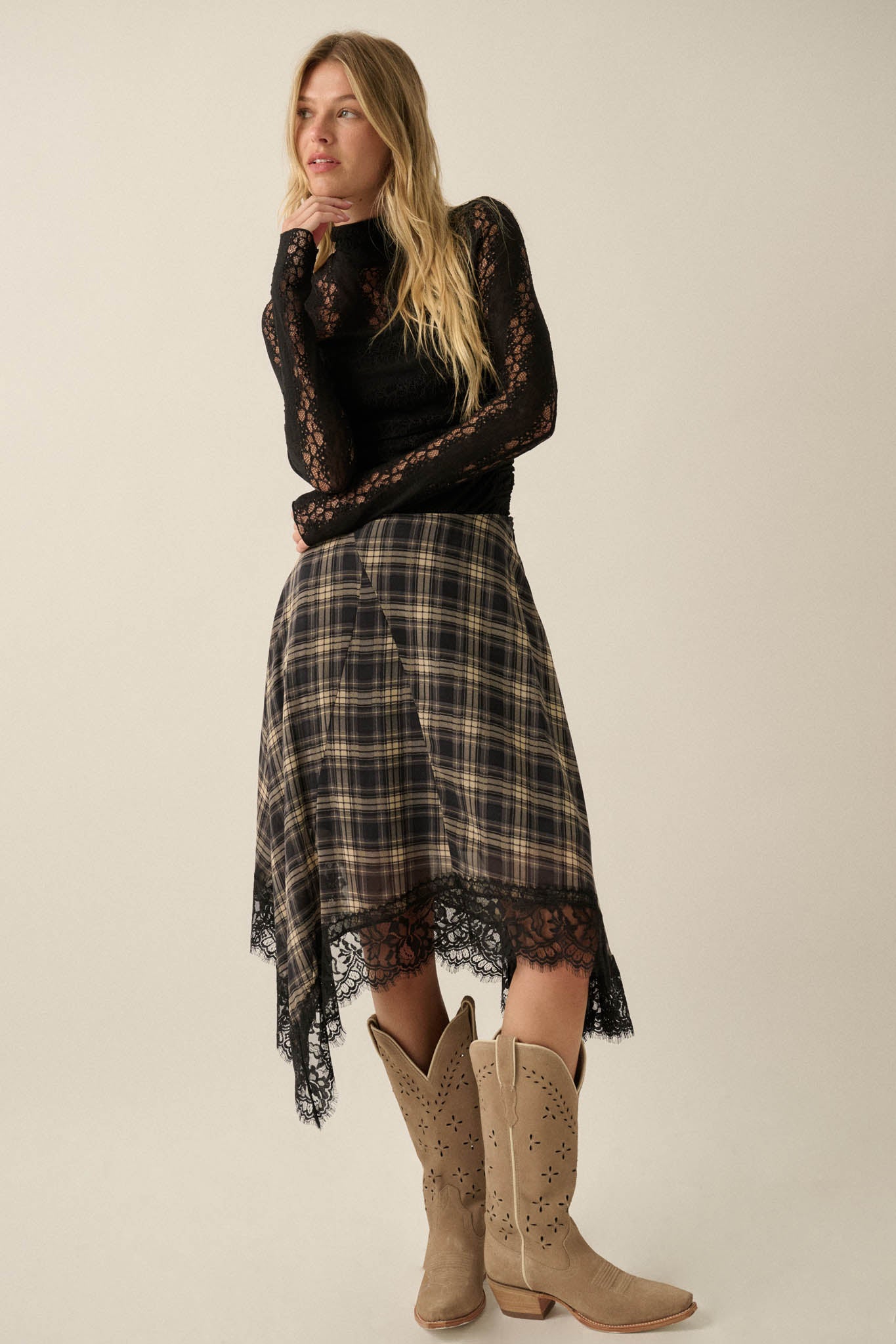 Sway With Me Plaid and Lace Handkerchief Midi Skirt - ShopPromesa