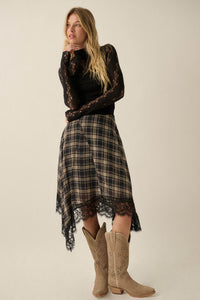 Sway With Me Plaid and Lace Handkerchief Midi Skirt - ShopPromesa