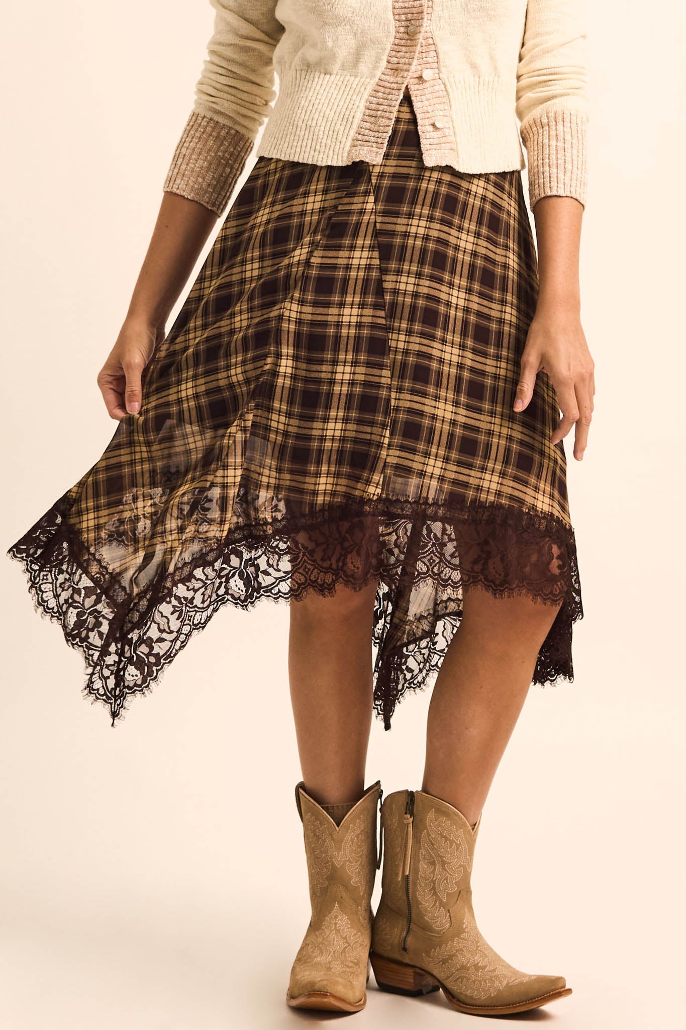 Sway With Me Plaid and Lace Handkerchief Midi Skirt - ShopPromesa
