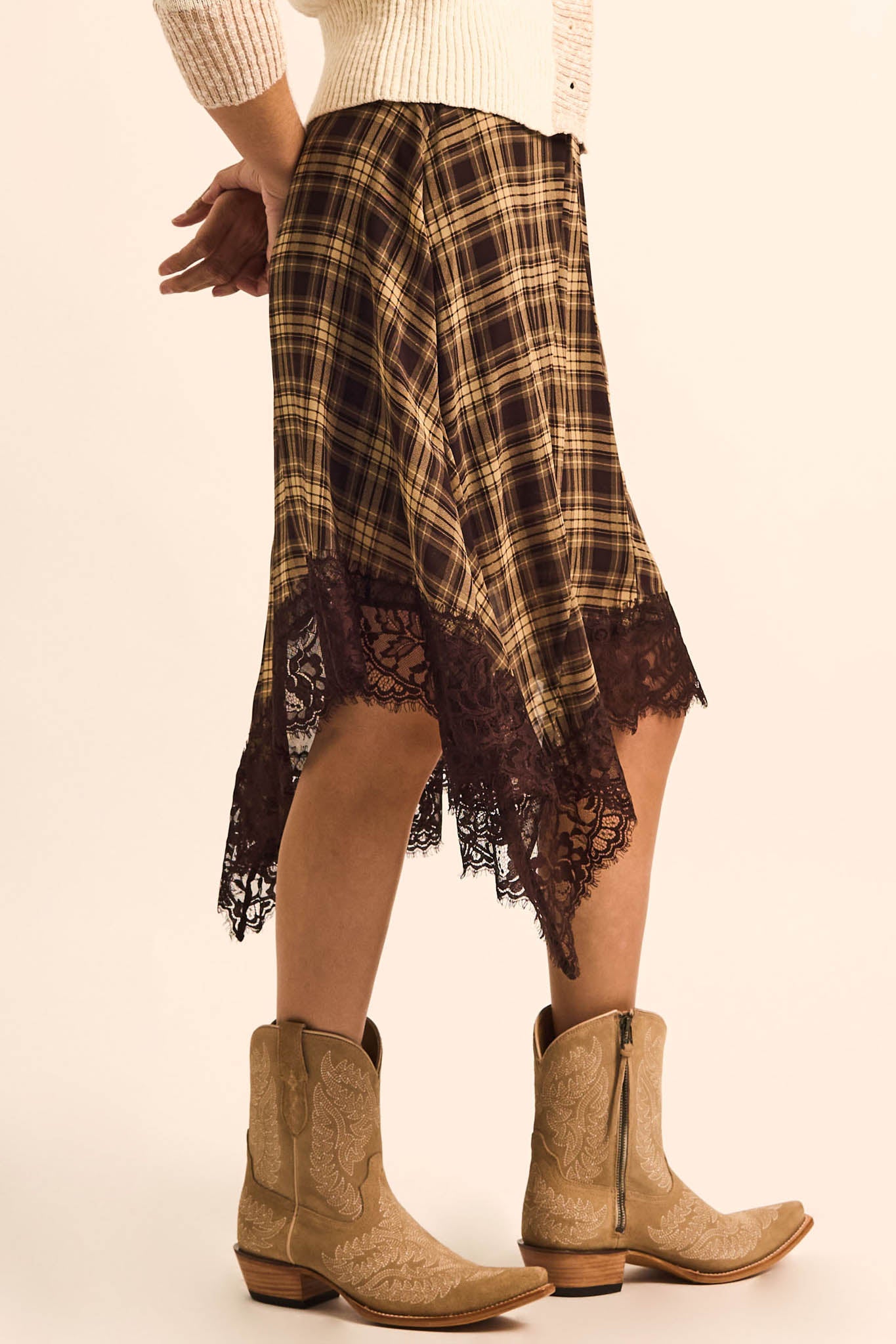 Sway With Me Plaid and Lace Handkerchief Midi Skirt - ShopPromesa