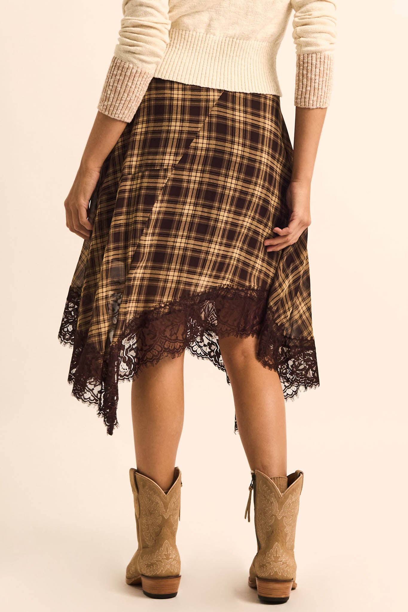 Sway With Me Plaid and Lace Handkerchief Midi Skirt - ShopPromesa