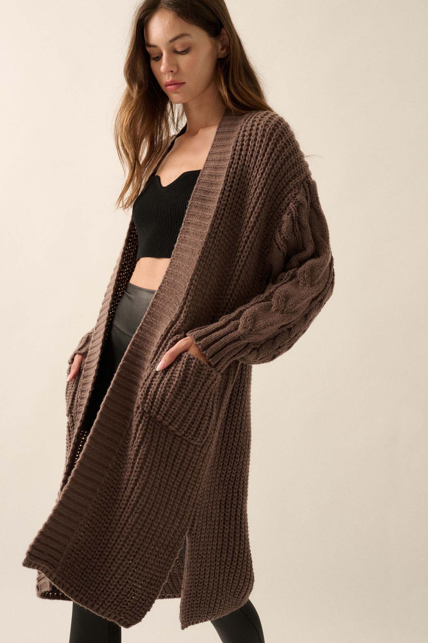 Winding Path Open-Front Cable Knit Duster Cardigan - ShopPromesa