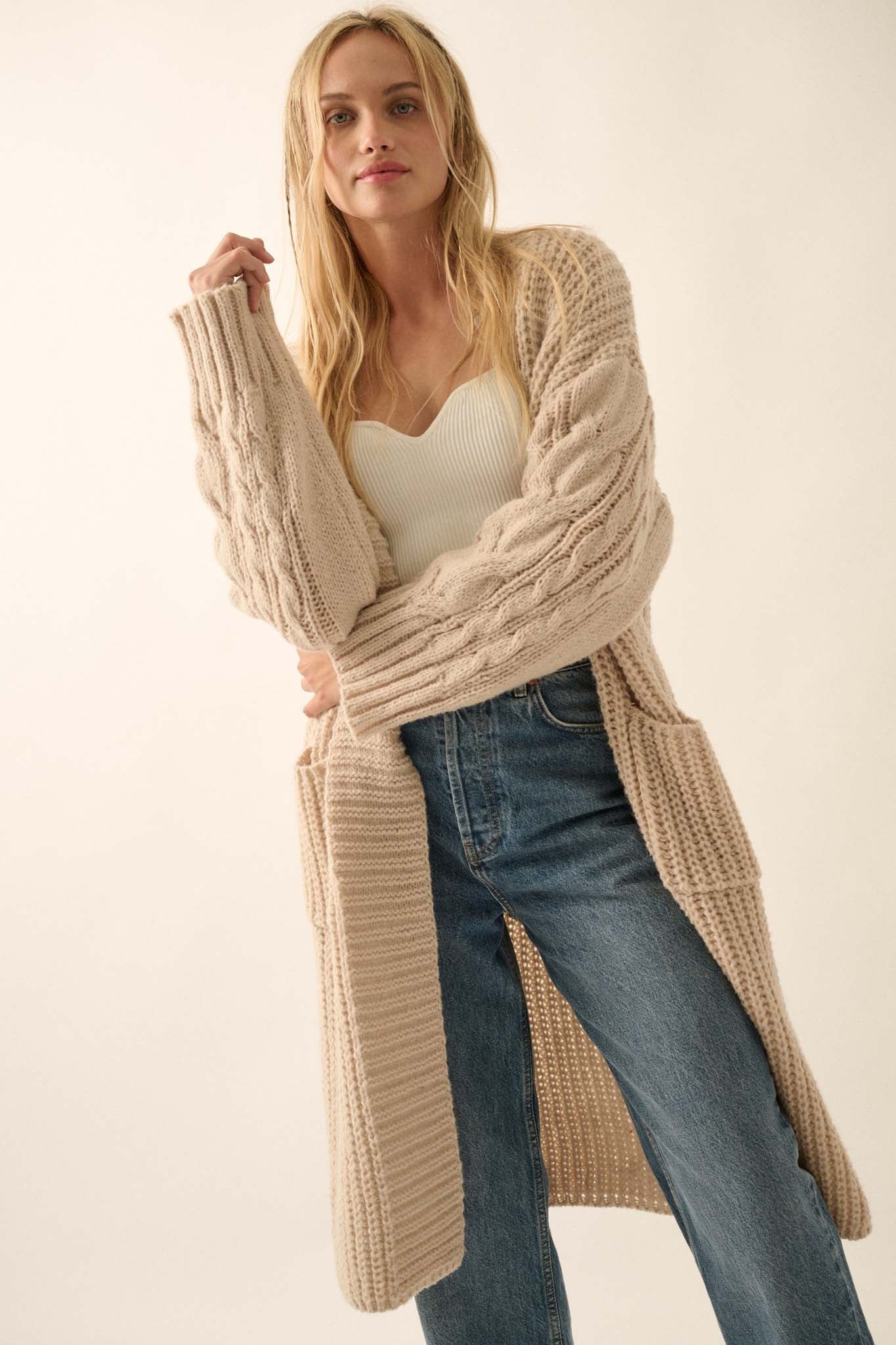 Winding Path Open Front Cable Knit Duster Cardigan Oatmeal L