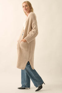 Winding Path Open-Front Cable Knit Duster Cardigan - ShopPromesa