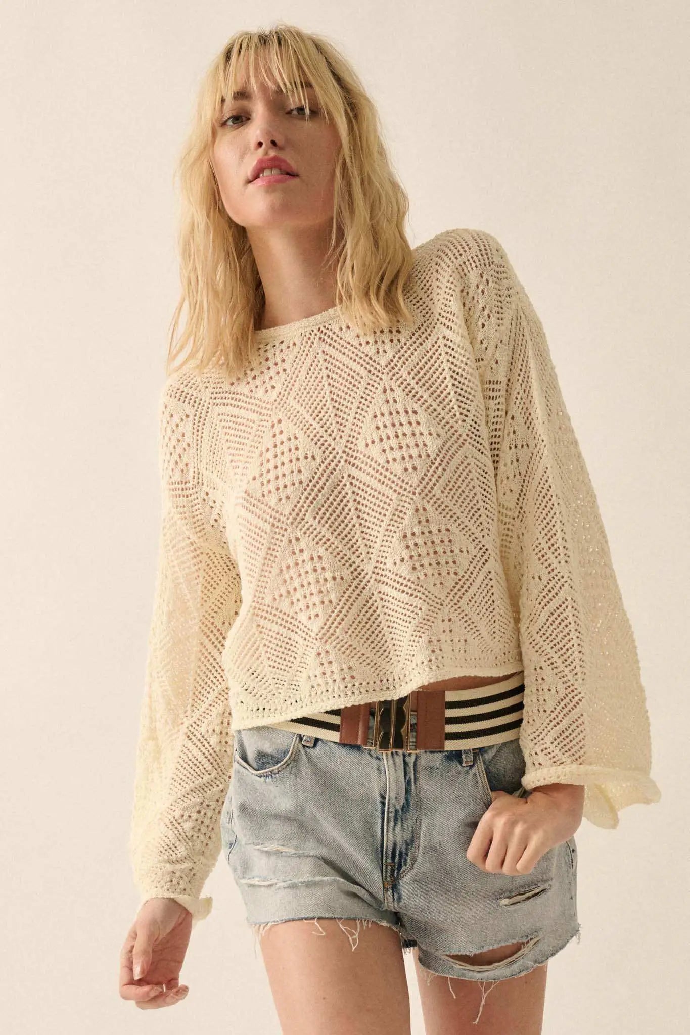 Diamond Doll Geometric Crochet Pointelle Sweater