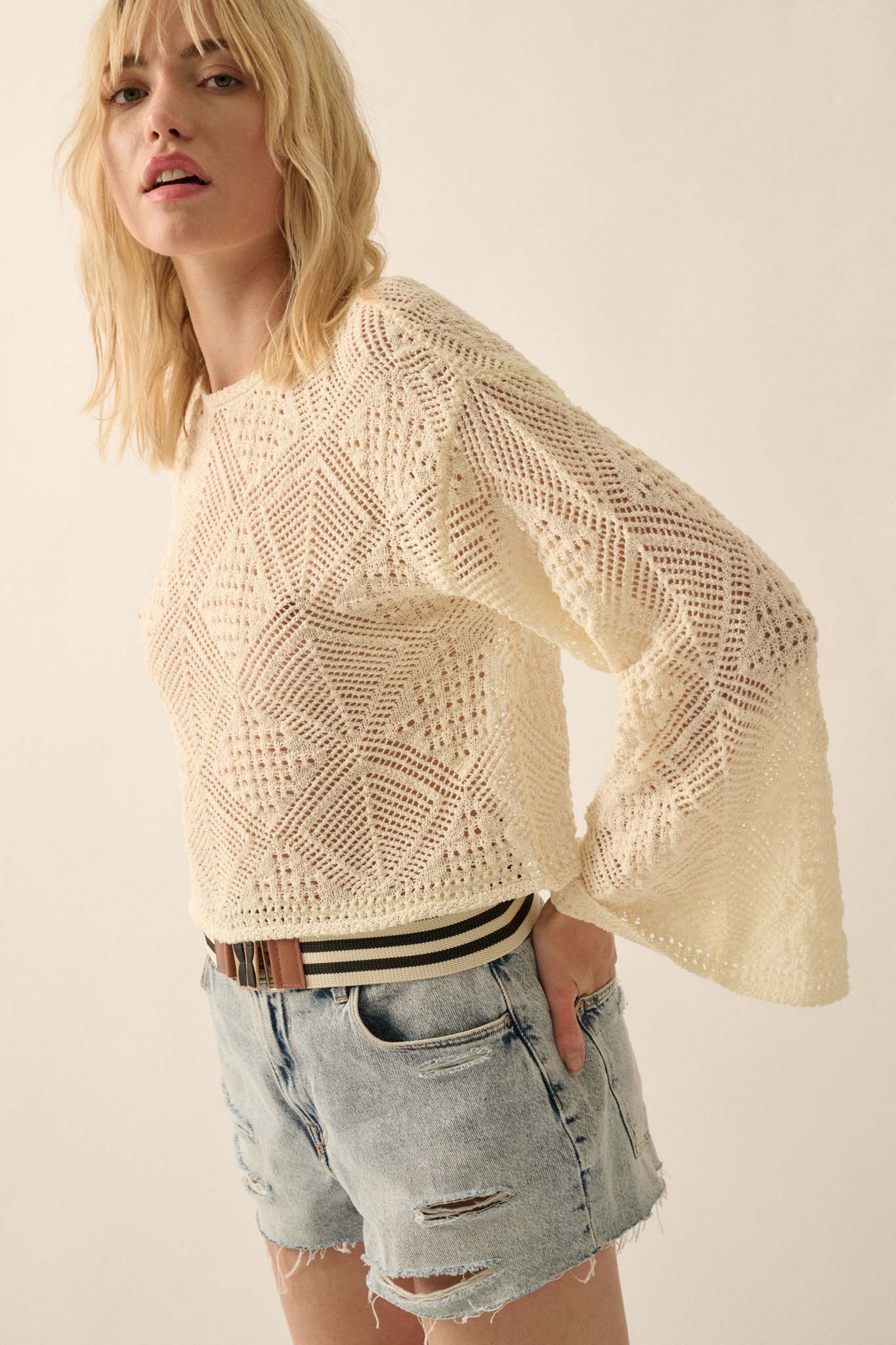 Diamond Doll Geometric Crochet Pointelle Sweater - ShopPromesa