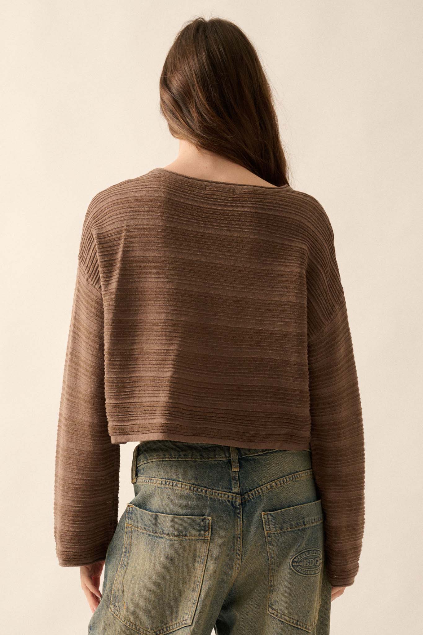 Blurred Lines Horizontal Rib-Knit Cropped Sweater