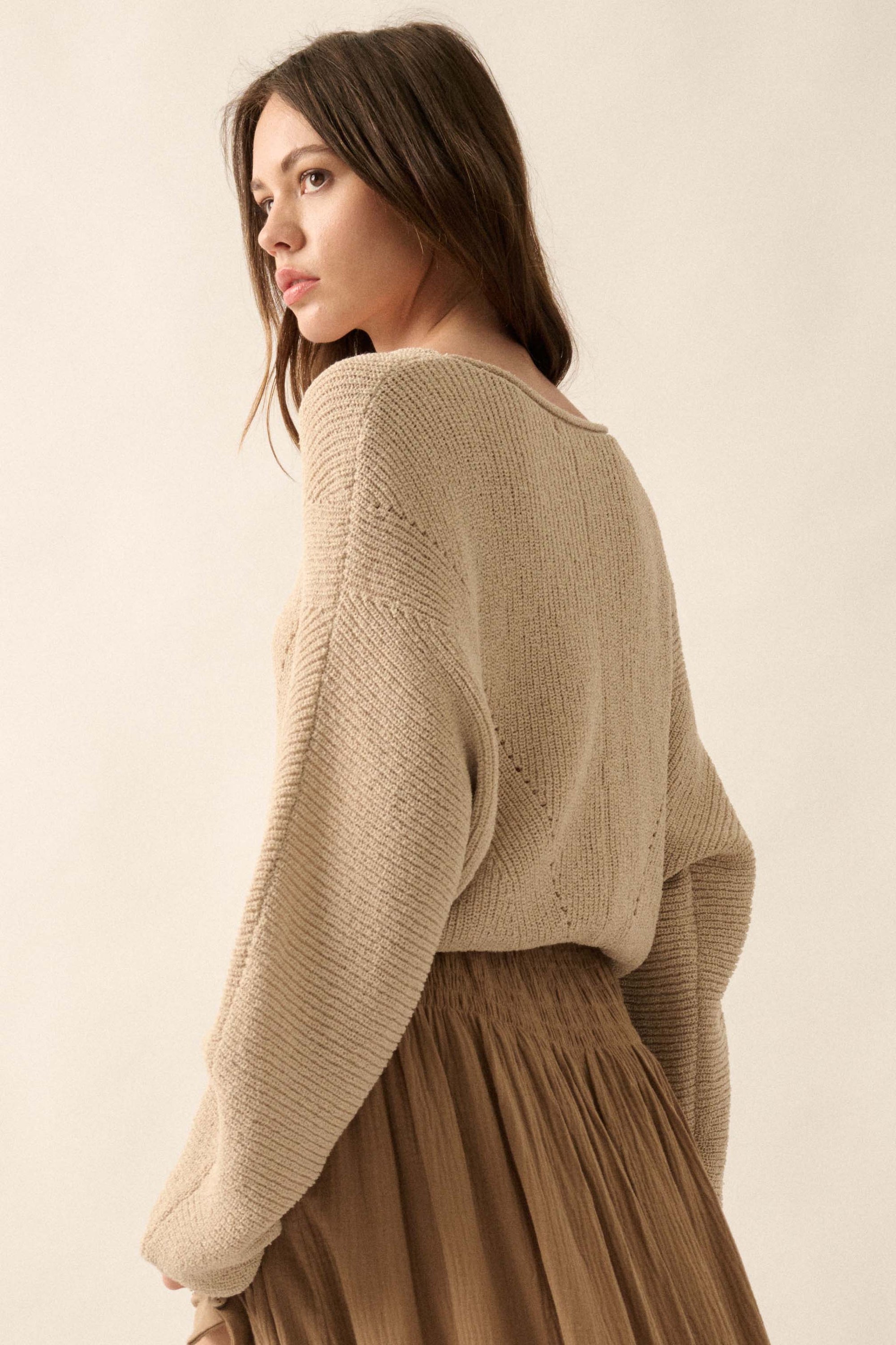 Stay True Rolled Edge Pointelle Rib-Knit Sweater - ShopPromesa