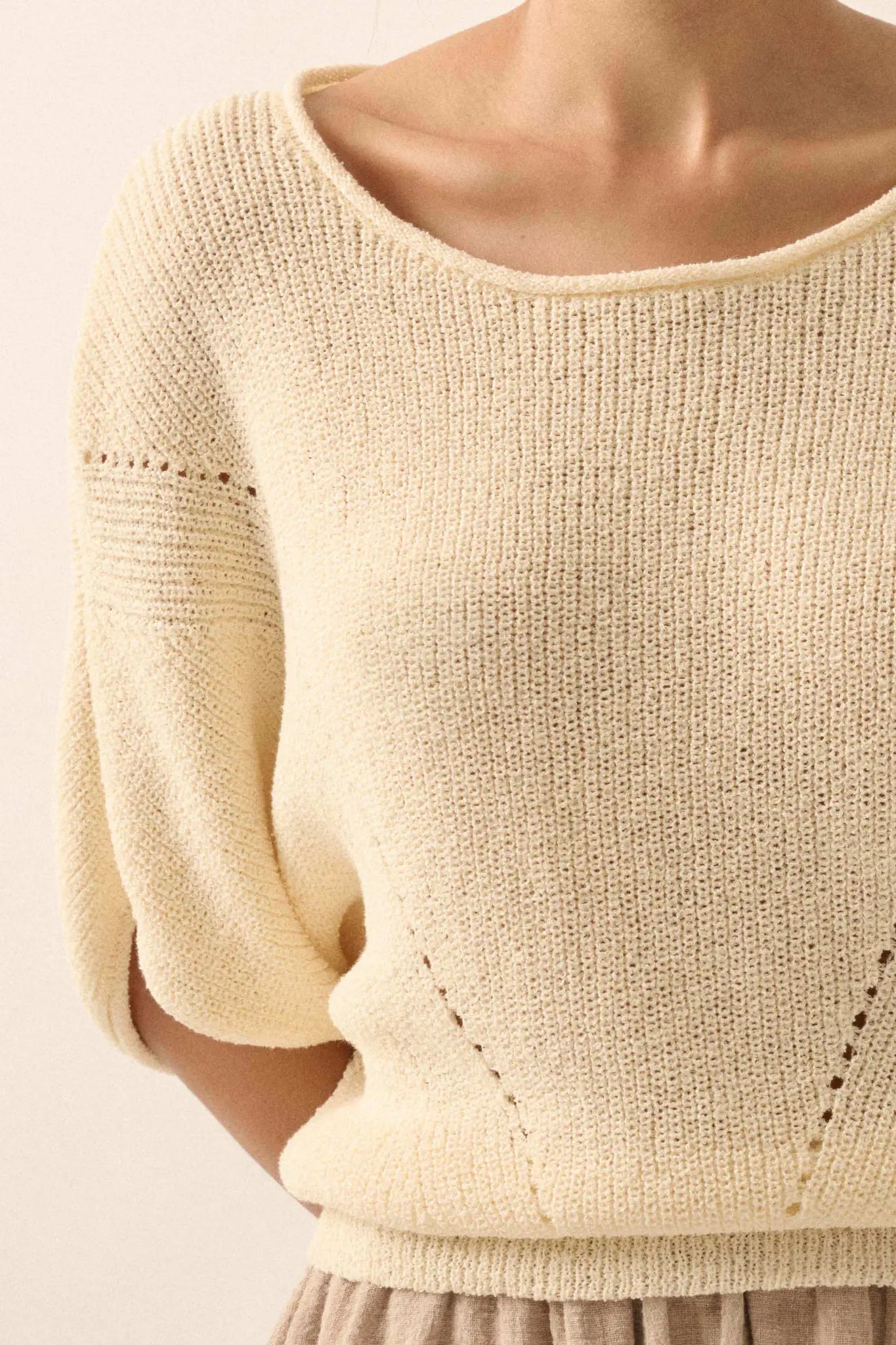 True Self Short-Sleeve Pointelle Rib-Knit Sweater