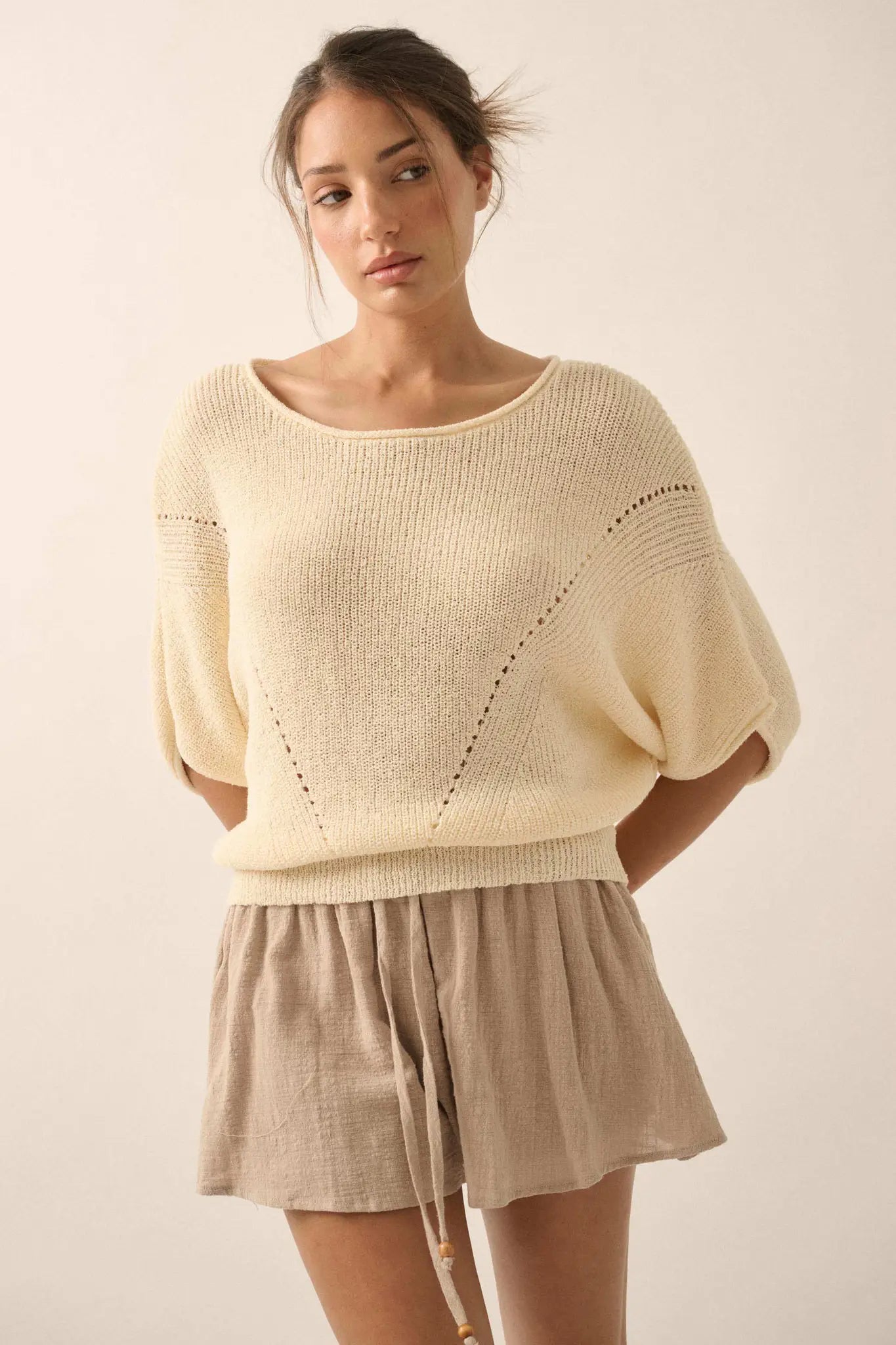 True Self Short-Sleeve Pointelle Rib-Knit Sweater