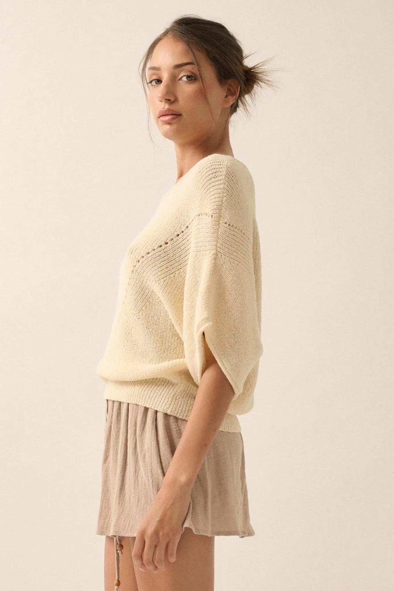 True Self Short-Sleeve Pointelle Rib-Knit Sweater