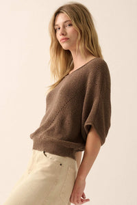 True Self Short-Sleeve Pointelle Rib-Knit Sweater - ShopPromesa