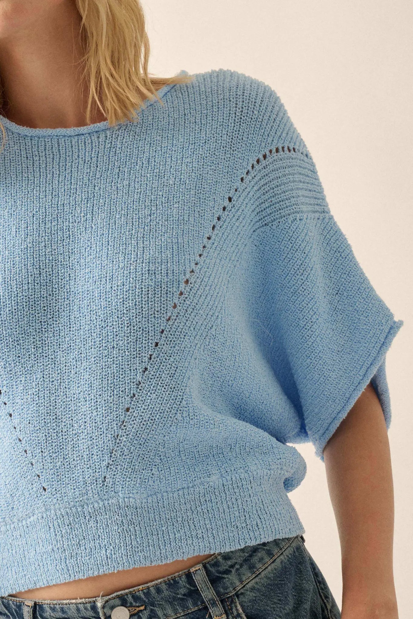 True Self Short-Sleeve Pointelle Rib-Knit Sweater