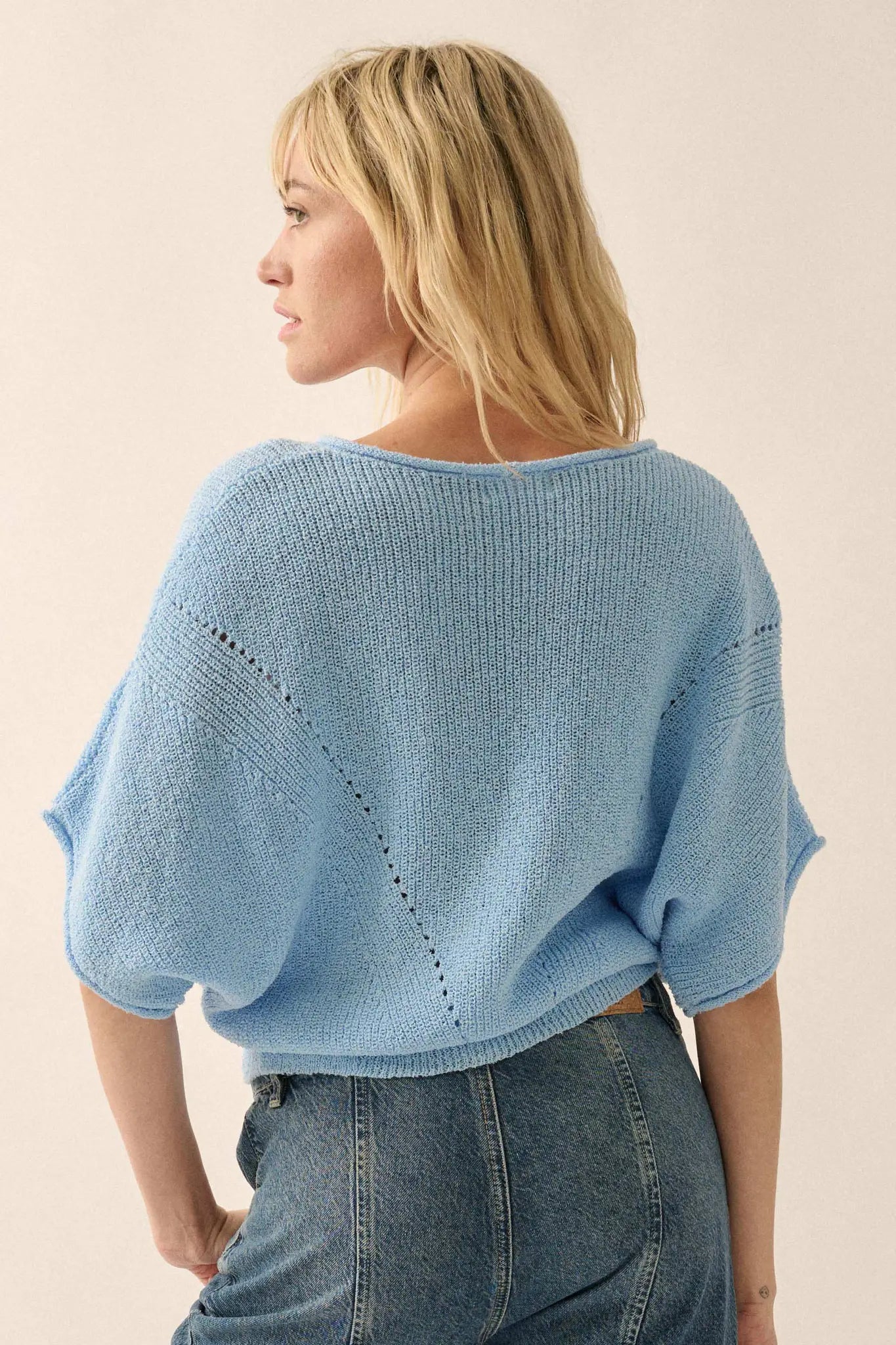 True Self Short-Sleeve Pointelle Rib-Knit Sweater