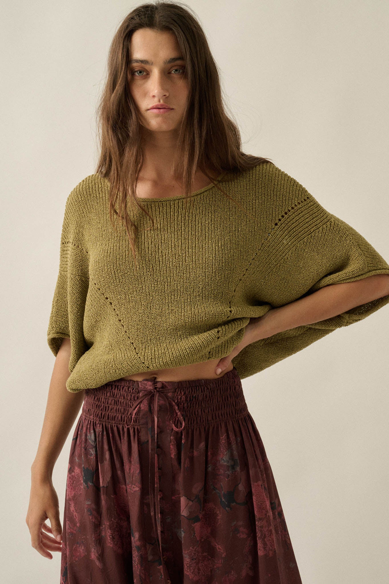 True Self Short-Sleeve Pointelle Rib-Knit Sweater - ShopPromesa