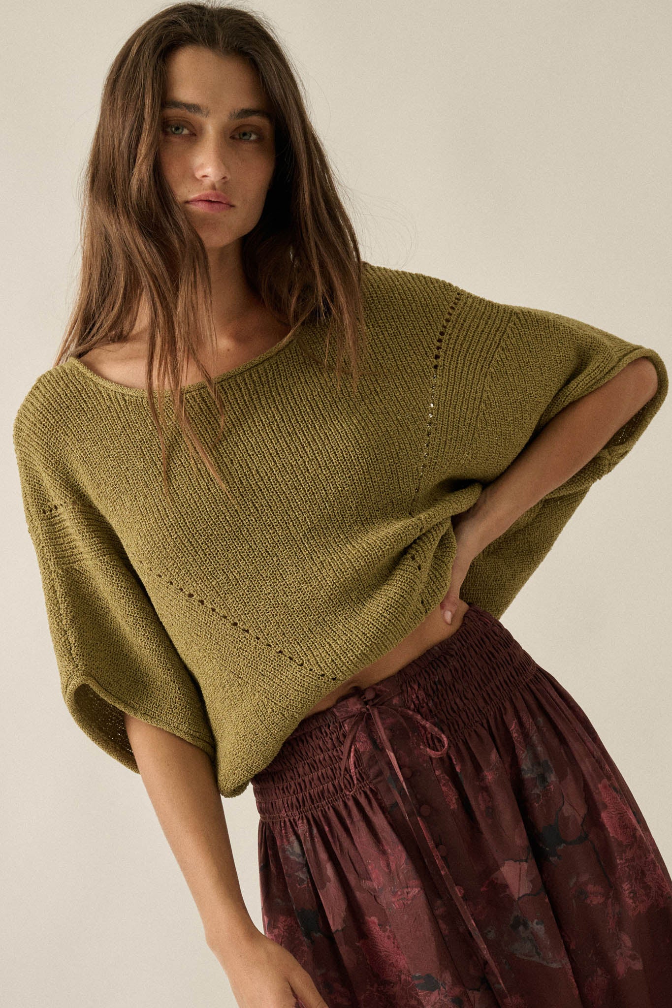 True Self Short-Sleeve Pointelle Rib-Knit Sweater - ShopPromesa