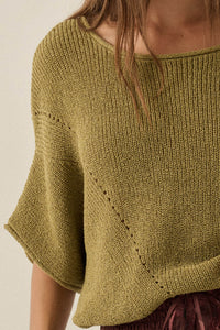 True Self Short-Sleeve Pointelle Rib-Knit Sweater - ShopPromesa