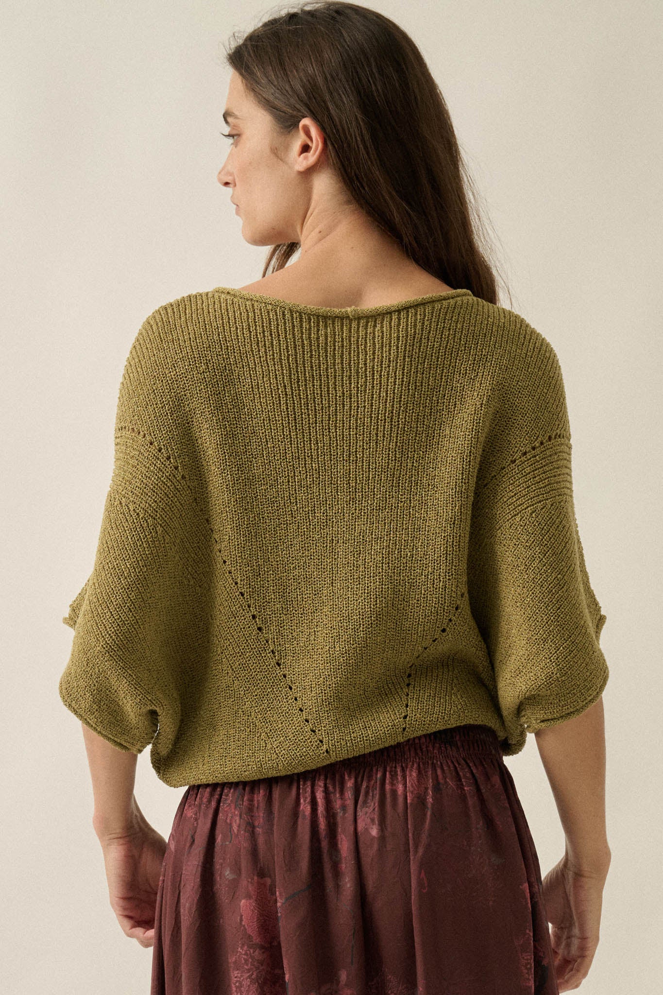 True Self Short-Sleeve Pointelle Rib-Knit Sweater - ShopPromesa
