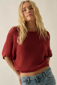 True Self Short-Sleeve Pointelle Rib-Knit Sweater - ShopPromesa