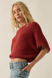 True Self Short-Sleeve Pointelle Rib-Knit Sweater - ShopPromesa