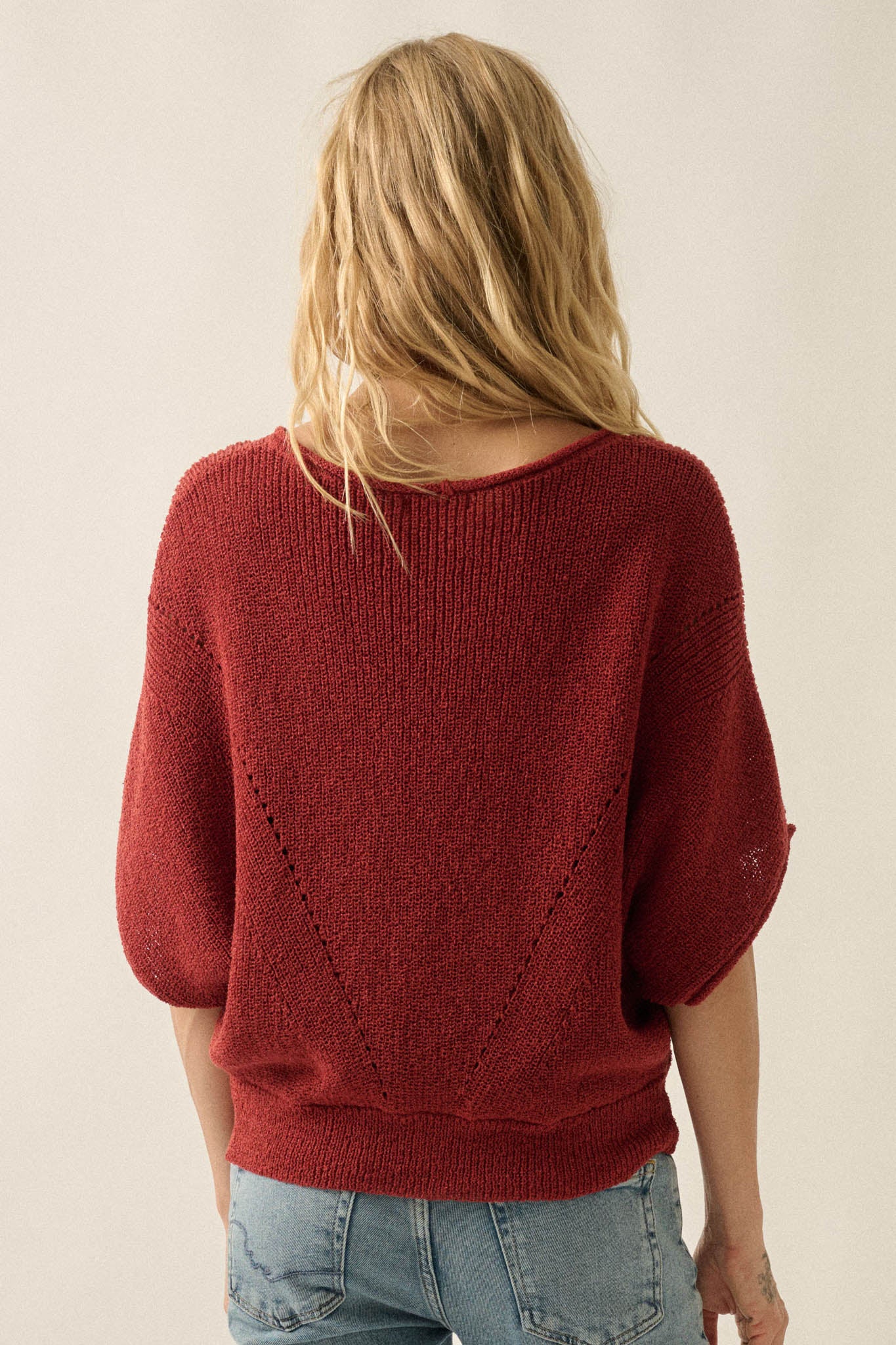 True Self Short-Sleeve Pointelle Rib-Knit Sweater - ShopPromesa