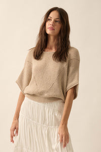 True Self Short-Sleeve Pointelle Rib-Knit Sweater - ShopPromesa